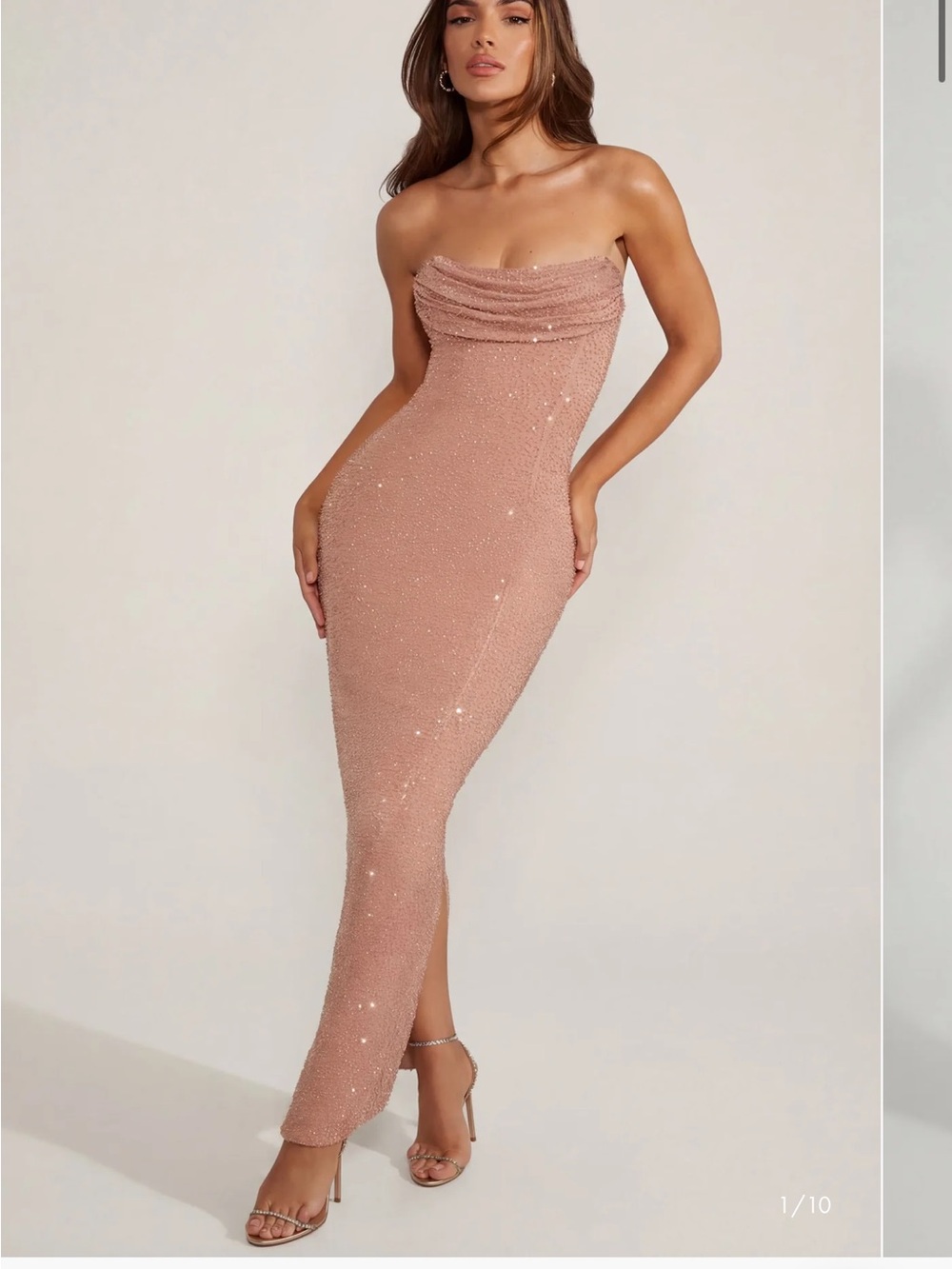 Oh Polly Embellished Bandeau Cowl Neck Maxi Dress in Beige - 4 - Picture 4 of 4